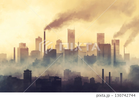 Industrial cityscape releasing pollution into the atmosphere, creating a thick layer of smog 130742744