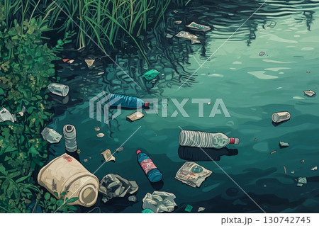 Illustration of garbage and plastic bottles polluting the water of a river near a green riverside 130742745