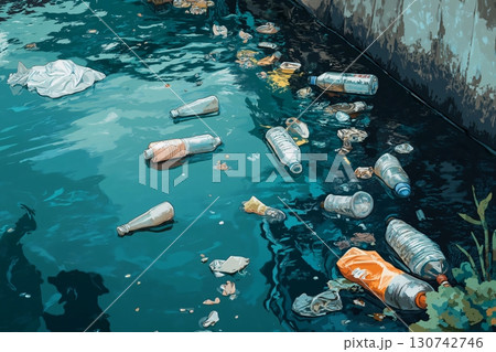 Illustration of plastic pollution in river with plastic bottles and trash floating, concept for environment conservation 130742746