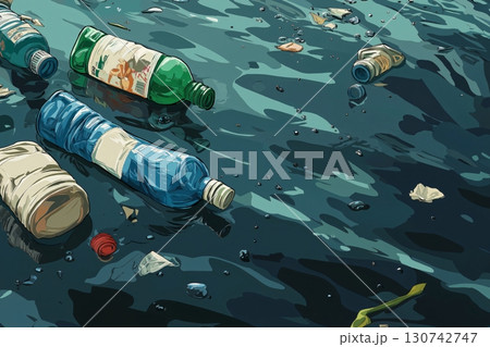 Illustration of plastic bottles and garbage floating on the surface of the ocean, highlighting the global issue of plastic pollution 130742747
