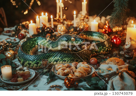 Green snake is slithering over a table decorated for Christmas dinner, surrounded by candles, pastries, and ornaments 130743079