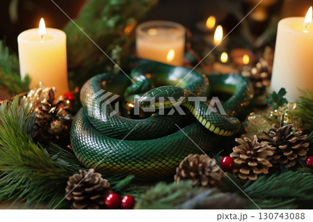 Green snake is lying on a Christmas wreath with burning candles, creating a mysterious and intriguing atmosphere 130743088