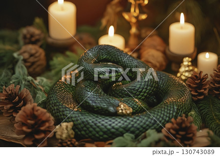 Green snake is lying on a wooden surface surrounded by festive decorations, including pine cones, fir branches, golden ornaments, and lit candles 130743089