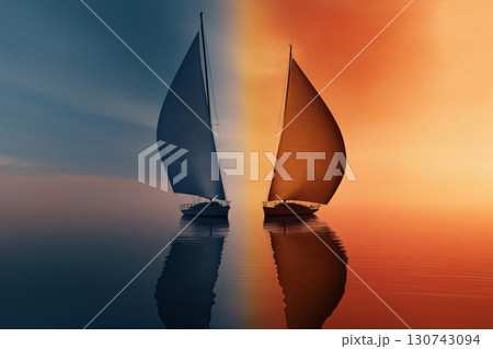 Two sailboats are sailing on the ocean at sunset, creating a mirror image of themselves on the water Two sailboats are sailing on the ocean at sunset, creating a mirror image of themselves on the water 130743094