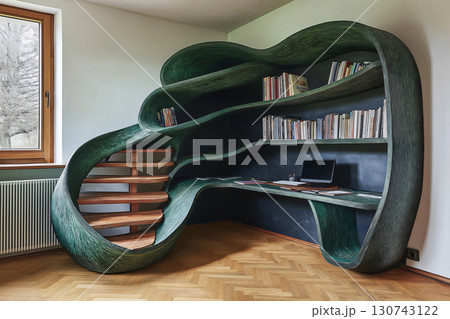 Modern home office with a curved green bookshelf and desk, perfect for remote work or creative pursuits 130743122
