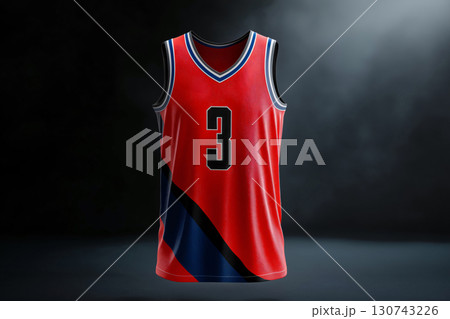 Red basketball jersey floating on a dark background, showcasing its design and colors 130743226
