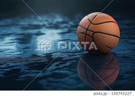 Basketball is resting on a wet, reflective surface, creating a sense of anticipation and drama Basketball is resting on a wet, reflective surface, creating a sense of anticipation and drama 130743227