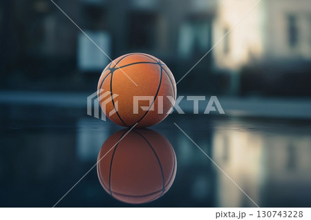 Basketball ball is standing on a wet basketball court reflecting the sky after the rain 130743228