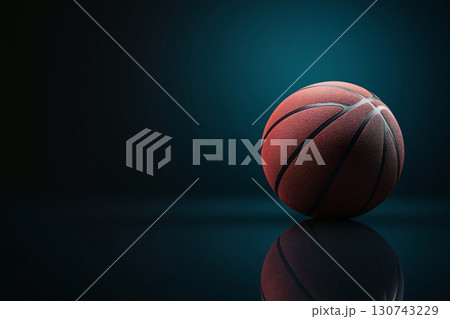 Orange basketball ball reflects on a dark background, ideal for sports designs or basketball themes. Lots of space for text or elements 130743229