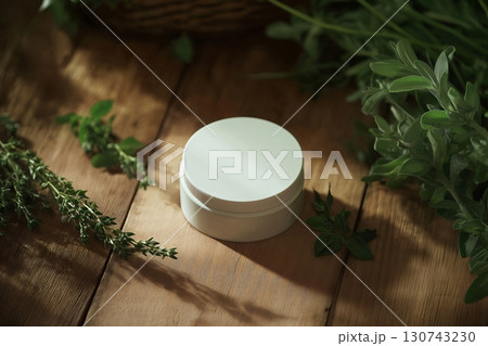 White cosmetic jar mockup sitting on a wooden table with herbs, perfect for showcasing your brand 130743230