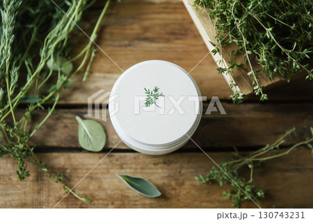 White cosmetic container with a green plant design surrounded by fresh herbs on a wooden table suggesting natural ingredients 130743231
