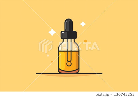 Minimalist icon of a dropper bottle containing a yellow liquid, evoking beauty and healthcare concepts 130743253