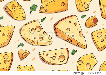 Cartoon cheese wedges being appetizing with holes and leaves on a cream background 130743546
