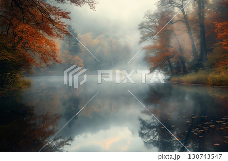 Early morning mist is floating over the still surface of a lake reflecting the warm colors of the surrounding forest 130743547