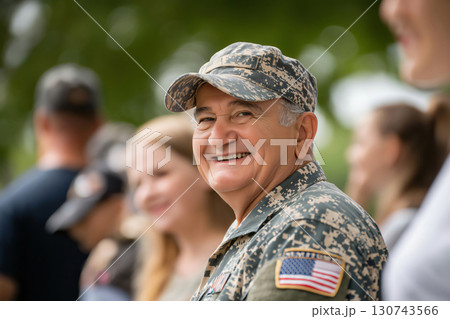 Portrait of a happy senior veteran smiling with family members standing in the background 130743566