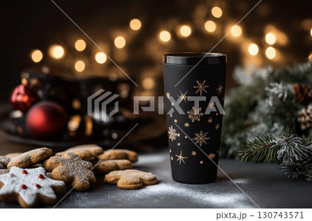 Black reusable cup with golden snowflakes standing on a table near gingerbread cookies and a Christmas tree branch on a background of lights 130743571