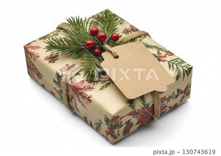 Christmas gift wrapped with floral paper and tied with twine, decorated with an evergreen sprig and a blank gift tag, isolated on a white background Christmas gift wrapped with floral paper and tied with twine, decorated with an evergreen sprig and a blank gift tag, isolated on a white background 130743619