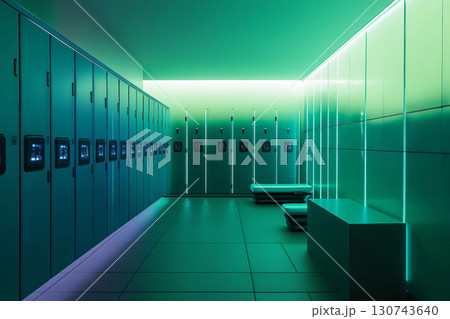 Empty futuristic locker room bathed in green light featuring rows of lockers with digital keypads 130743640