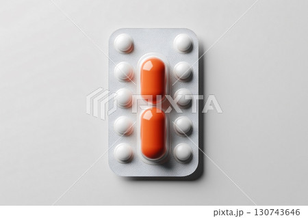Blister pack with orange pills placed in the middle is lying on a white background 130743646