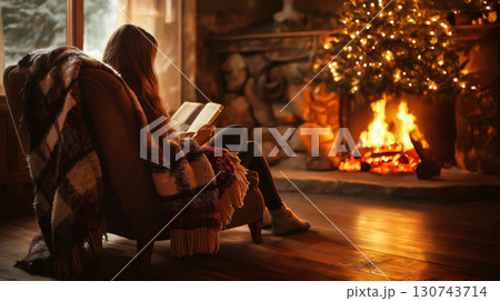 Woman is relaxing in an armchair by the fireplace reading a book with a warm blanket on her lap 130743714
