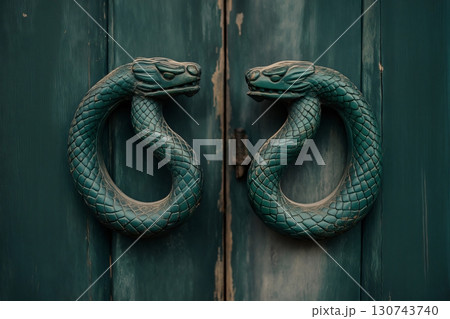 Pair of green snake shaped handles are decorating a wooden door, adding a touch of elegance and ancient symbolism 130743740