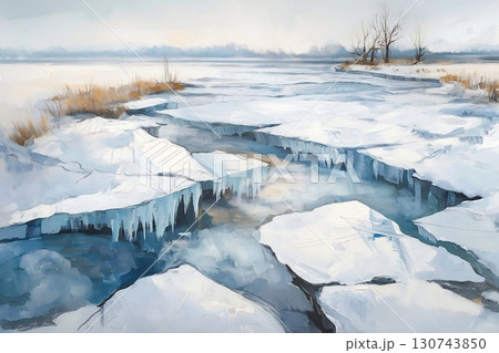 Frozen river landscape is glistening with fresh ice and snow on a cold winter day 130743850