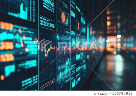 Futuristic digital wall displaying a complex network of financial data, charts, and graphs, suggesting a high tech environment for monitoring market trends 130743919