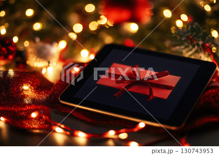 Tablet is displaying a digital gift card with a red ribbon on a festive background with Christmas lights 130743953