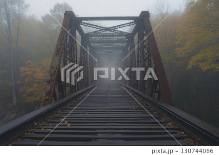 Old train bridge is stretching into the distance on a foggy autumn day, surrounded by colorful foliage 130744086