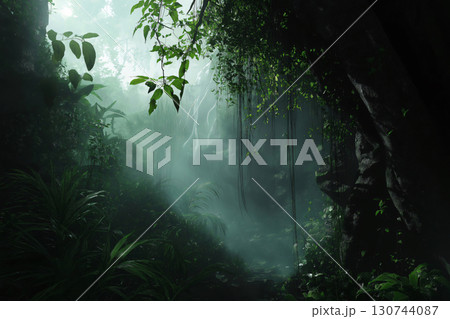 Sunbeams gently illuminate a lush green jungle clearing, creating a mysterious atmosphere with fog, wild vegetation, and towering trees. Perfect for adventure seekers in the rainforest Sunbeams gently illuminate a lush green jungle clearing, creating a mysterious atmosphere with fog, wild vegetation, and towering trees. Perfect for adventure seekers in the rainforest 130744087