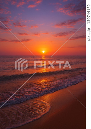 マジックアワーに輝く海と夕日の幻想的シリーズ 130744170