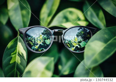 Stylish sunglasses reflect lush green leaves in a natural setting 130744532