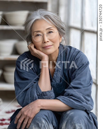 Artisan Japanese potter in a serene workshop surrounded by handcrafted ceramics 130744720