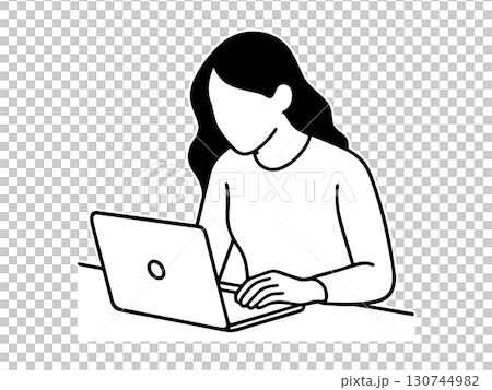 ノートパソコンで作業する女性の線画イラスト 130744982