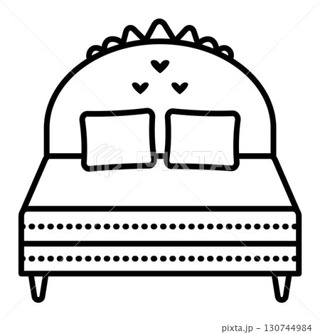 Double bed with headboard and two pillows, single vector black line illustration, outline monochrome sign Double bed with headboard and two pillows, single vector black line illustration, outline monochrome sign 130744984
