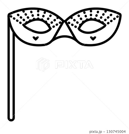 Masquerade mask with hearts, dots and stick, vector black line illustration 130745004