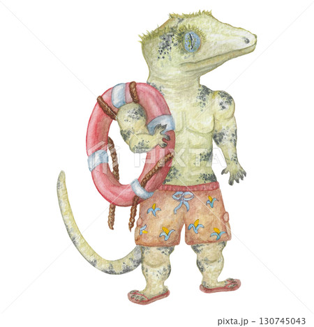Crested gecko with lifebuoy Watercolour Illustration 130745043