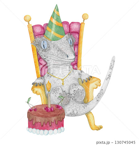 Crested gecko with cake and throne Birthday Watercolour Illustration Crested gecko with cake and throne Birthday Watercolour Illustration 130745045