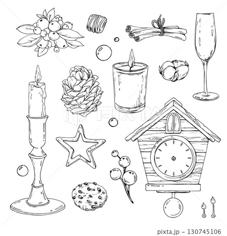 Hand drawn line art ink illustration with Christmas objects like candle, clock, champagne glass, star and sweets, monochrome holiday clip art collection for festive design and invitations. Hand drawn line art ink illustration with Christmas objects like candle, clock, champagne glass, star and sweets, monochrome holiday clip art collection for festive design and invitations. 130745106