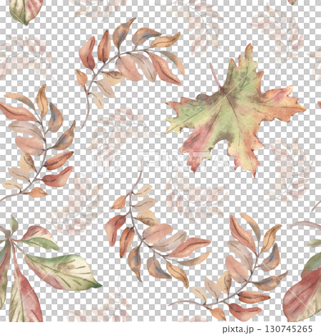 Autumn Foliage Watercolor seamless pattern isolated white. Hand painted maple leaves in soft pastel pink green tones. Delicate botanical repeat background for fall greeting cards, seasonal packaging. Autumn Foliage Watercolor seamless pattern isolated white. Hand painted maple leaves in soft pastel pink green tones. Delicate botanical repeat background for fall greeting cards, seasonal packaging. 130745265