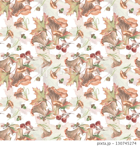 Botanical autumn woodland harvest watercolor seamless pattern with maple leaves, apples, and mushrooms. Fall repeated background hand painted in muted vintage palette for textile, packaging. Botanical autumn woodland harvest watercolor seamless pattern with maple leaves, apples, and mushrooms. Fall repeated background hand painted in muted vintage palette for textile, packaging. 130745274