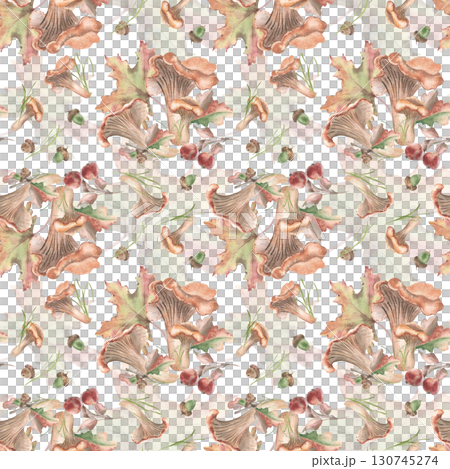 Botanical autumn woodland harvest watercolor seamless pattern with maple leaves, apples, and mushrooms. Fall repeated background hand painted in muted vintage palette for textile, packaging. Botanical autumn woodland harvest watercolor seamless pattern with maple leaves, apples, and mushrooms. Fall repeated background hand painted in muted vintage palette for textile, packaging. 130745274