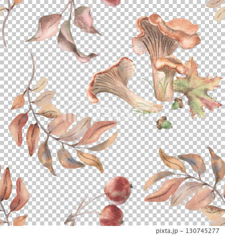 Chanterelles, wild apples and autumn foliage hand painted watercolor seamless pattern isolated white. Vintage forest harvest endless design in soft pastel tones for seasonal woodland textiles. 130745277