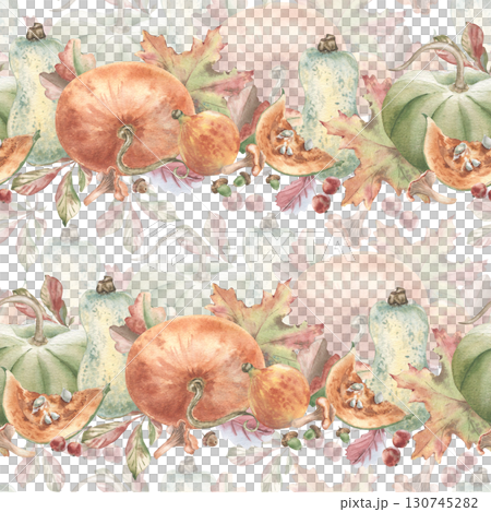 Assorted pumpkins, autumn leaves and forest gifts in soft neutral tones watercolor seamless pattern. Hand painted botanical harvest repeated design for seasonal packaging. Gentle tableware print. Assorted pumpkins, autumn leaves and forest gifts in soft neutral tones watercolor seamless pattern. Hand painted botanical harvest repeated design for seasonal packaging. Gentle tableware print. 130745282