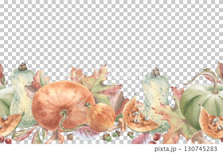 Watercolor seamless border with different pumpkins and autumn leaves isolated. Forest harvest of mushrooms and vegetables hand painted botanical horizontal print. Thanksgiving greeting card edge. 130745283