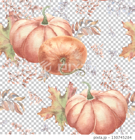 Delicate fall botanical seamless pattern in soft pastel tones isolated white. Hand painted watercolor repeated pattern with orange pumpkins, abstract wildflowers and maple leaves. Autumn background. 130745284