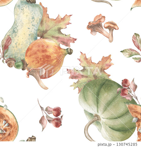 Hand painted watercolor seamless pattern with pumpkins, squash, chanterelle mushrooms and fall foliage. Autumn botanical soft pastel repeat for packaging, kitchen textiles and Thanksgiving designs. Hand painted watercolor seamless pattern with pumpkins, squash, chanterelle mushrooms and fall foliage. Autumn botanical soft pastel repeat for packaging, kitchen textiles and Thanksgiving designs. 130745285