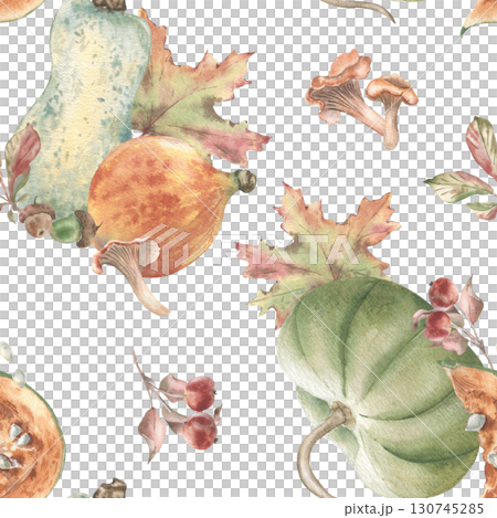 Hand painted watercolor seamless pattern with pumpkins, squash, chanterelle mushrooms and fall foliage. Autumn botanical soft pastel repeat for packaging, kitchen textiles and Thanksgiving designs. Hand painted watercolor seamless pattern with pumpkins, squash, chanterelle mushrooms and fall foliage. Autumn botanical soft pastel repeat for packaging, kitchen textiles and Thanksgiving designs. 130745285