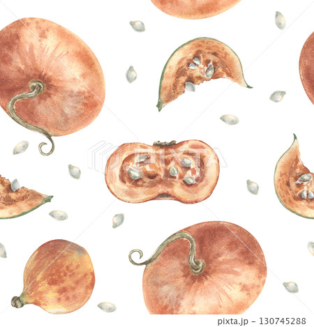 Hand painted watercolor seamless pattern of orange pumpkins, halves, and seeds in soft autumn tones. Seasonal harvest botanical endless design for Thanksgiving wrapping paper, home textiles. 130745288