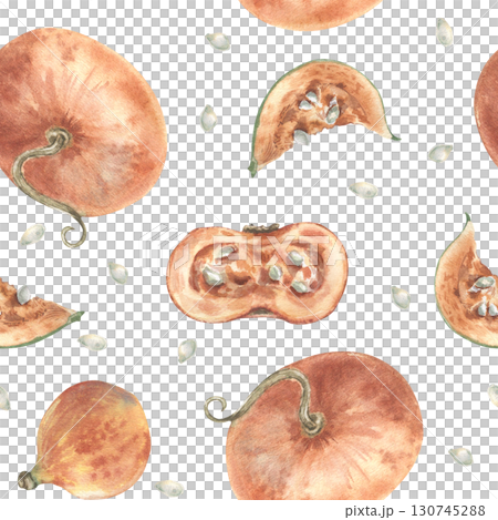 Hand painted watercolor seamless pattern of orange pumpkins, halves, and seeds in soft autumn tones. Seasonal harvest botanical endless design for Thanksgiving wrapping paper, home textiles. 130745288